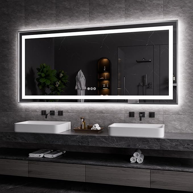 Amorho 77"X36" LED Bathroom Mirror, Brushed Nickel Framed Mirror with Front Light and Backlit, Stepless Dimmable, Anti-Fog, Shatter-Proof, Memory, 3 Colors