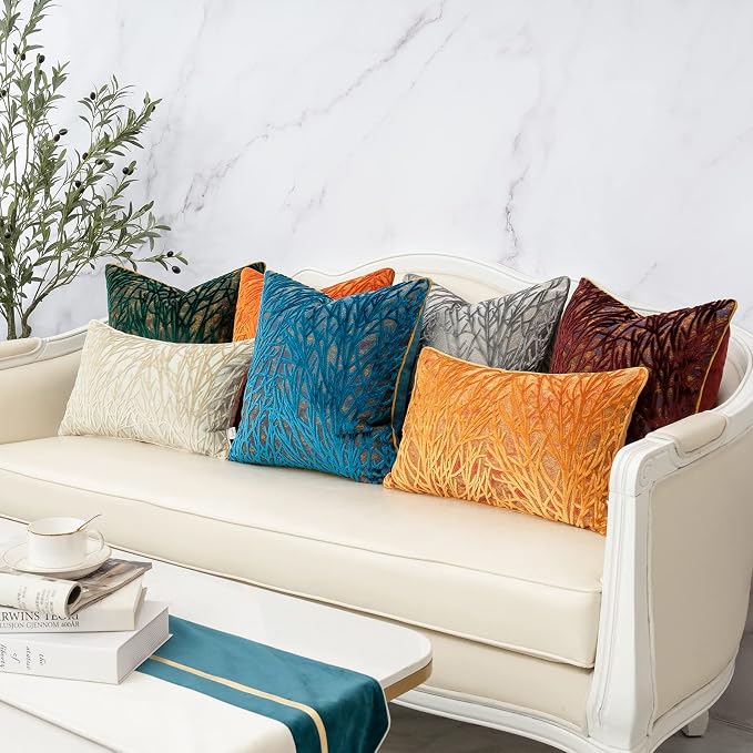 Beige Throw Pillow Cover Velvet Cushion Cover Branches Rectangular Neutral Pillowcase for Sofa Couch Bedroom Living Room, 12x20 Inch