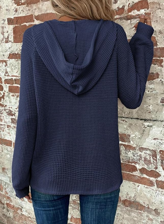 Dokotoo Hoodies for Women Waffle Knit Long Sleeve Drawstring Button V Neck Casual Sweatshirt Hooded Tops Fashion Clothing