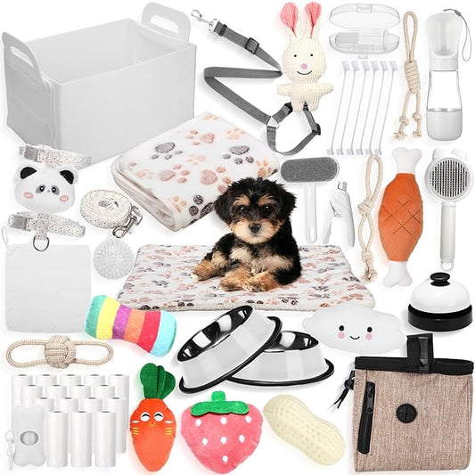 Abbylike 50 Pcs Puppy Supplies Starter Kit for Small Dogs Puppy Essentials Includes Leash, Bowls, Teeth Brushes, Water Bottle, and More Accessories for Dogs Christmas Welcome Gift (White)