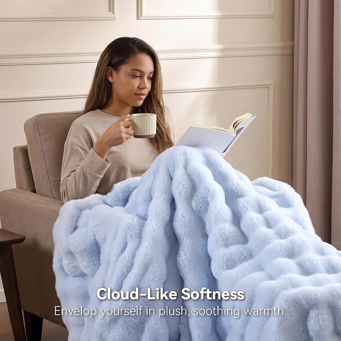 Faux Rabbit Fur Throw for Couch - Light Blue Bubble Blanket 50"x60" | Fluffy Plush Fuzzy Throw for Sofa & Bed, Super Soft Cozy Comfrt Blanket, Luxury Aesthetic Light Blue Decor Gift for Women