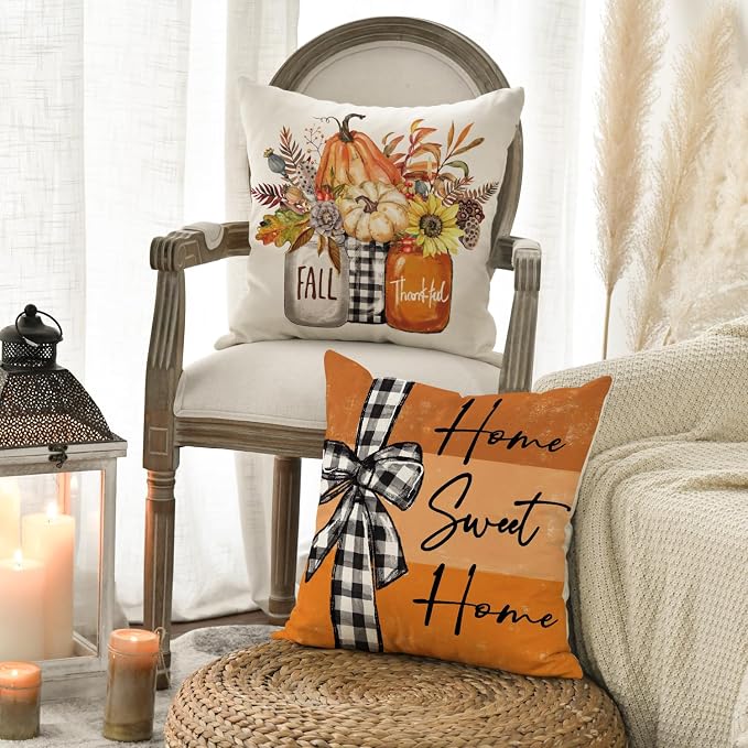 AVOIN colorlife Fall Pumpkin Home Sweet Home Throw Pillow Covers, 20 x 20 Inch Autumn Thankful Grateful Blessed Harvest Floral Orange Decorations for Sofa Couch Set of 4