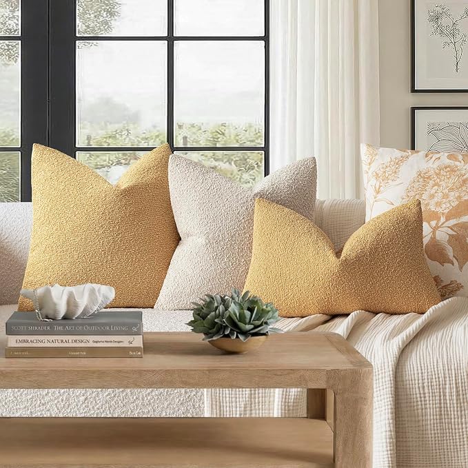 Foindtower Set of 2, Decorative Textured Boucle Throw Pillow Covers Accent Solid Pillow Cases Neutral Couch Cushion Case for Chair Sofa Bedroom Living Room Home Decor 24x24 Inch Light Yellow