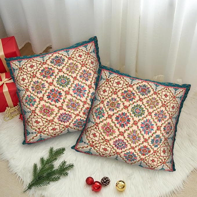 Boho Throw Pillow Covers 18x18 inch Set of 2,Boho Vintage Carpet Pattern Antique Ethnic Decor Double Sided Pattern Cushion Cover Soft Pillow Case Living Sofa Room Bed Square Pillow Cover