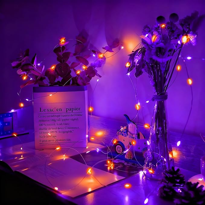 Aogist 12 Pack Fairy Lights 3 Modes 7ft 20 LED Waterproof,Battery Operated Silver Wire Firefly Starry Moon Mini String Lights for Mason Jars Christmas DIY Crafts Wedding Party Bedroom,Orange&Purple