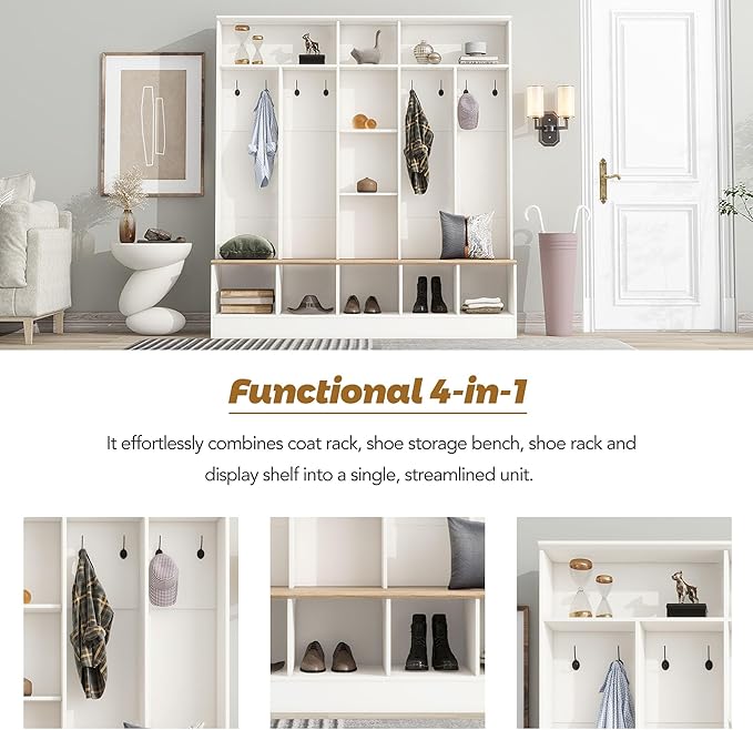 Wide Hall Tree With Shoe Storage Bench, Minimalist Entryway Coat Rack, Cube Storage and Shelves, Multifunctional Mudroom With 8 Hooks for Hallway (White)