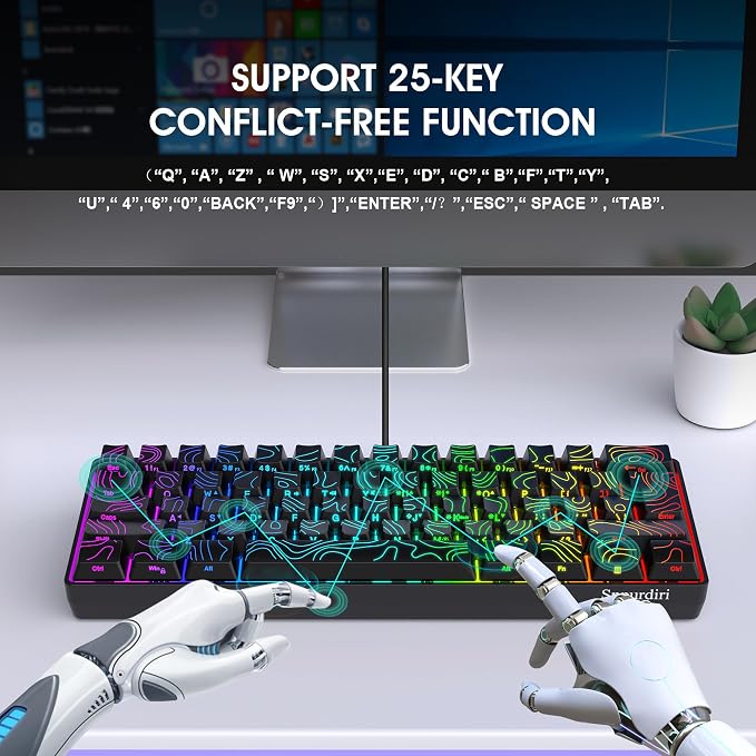 Snpurdiri 60% Wired Gaming Keyboard 61 Keys RGB (Contour Line-Black) | Backlit Small Gaming Keyboard Ultra-Compact for PC/Mac Gamer, Typist, Travel, Easy to Carry on Business Trip