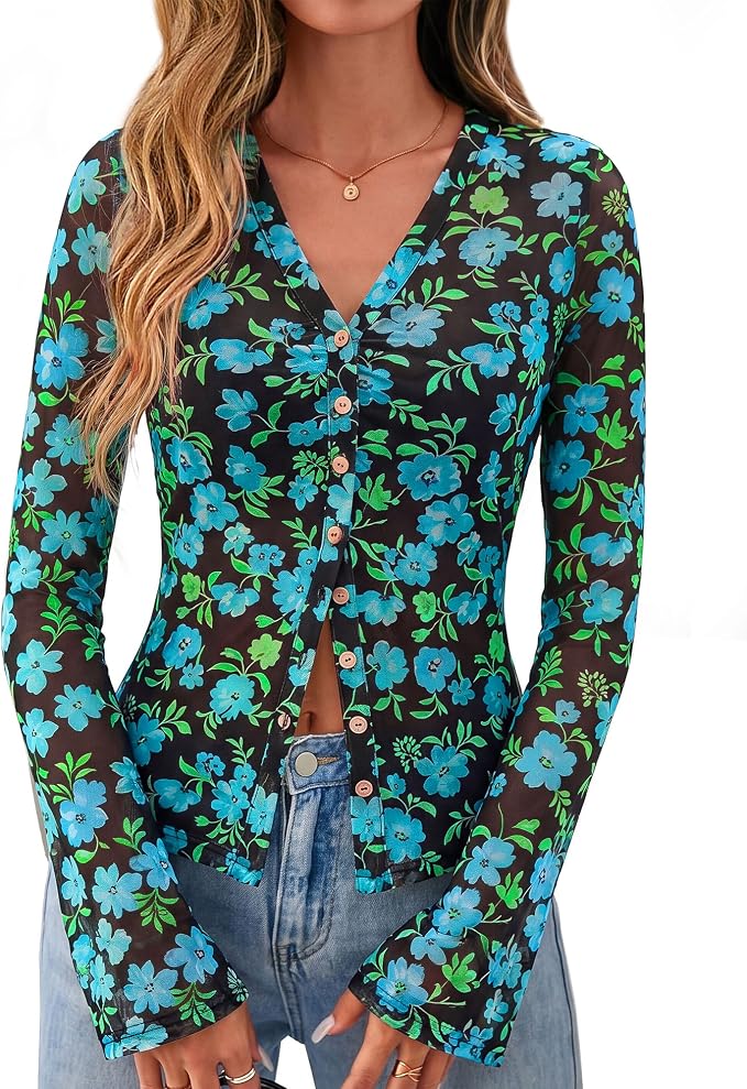 BTFBM Button Down Shirts for Women 2026 Fall Boho Tops V Neck Long Sleeve Blouses Ruched Mesh Fitted Fashion Clothing