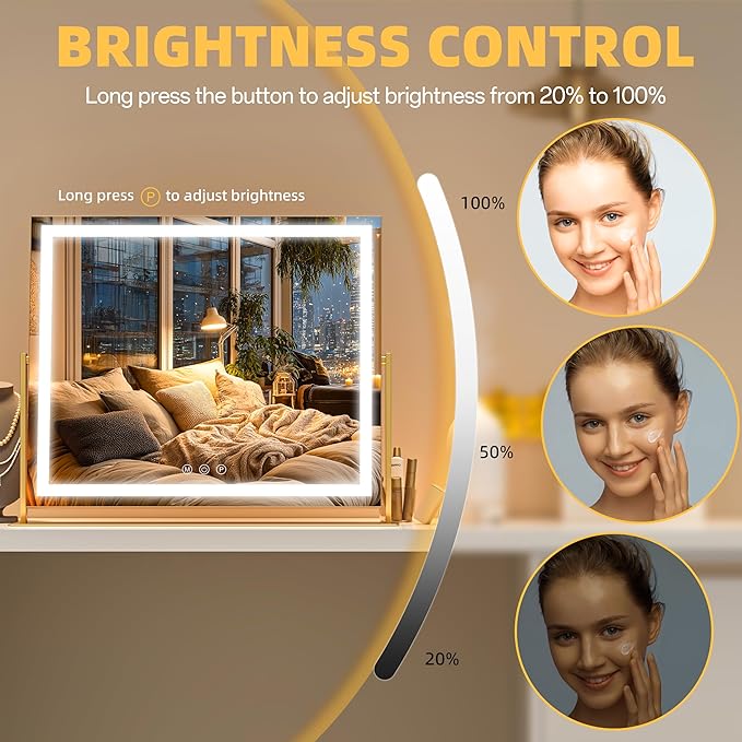 Vanity Mirror with Lights, 24'' x 20'' Lighted Makeup Mirror, Touch Screen with 3-Color Lighting, Dimmable for Vanity Desk Tabletop Square Gold