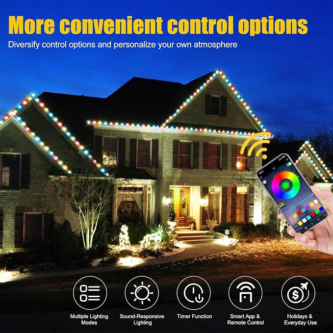 100 FT 2-in-1 Eaves & Ground Stakes LED String Lights, Outdoor RGB Light with App & Remote Control for House, Garden, and Landscape, Waterproof Smart Color-Changing Lighting for Holiday Everyday Decor