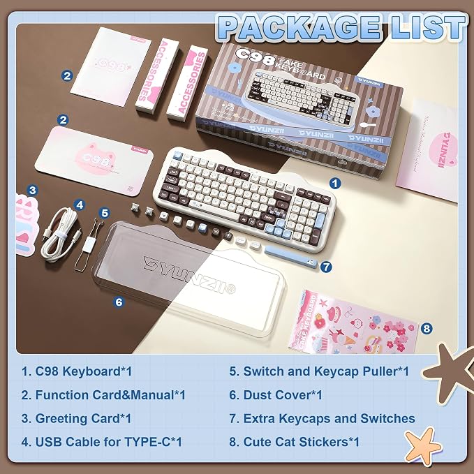 YUNZII C98 Cute Cake Wireless Mechanical Keyboard (Choco, Milk Switch) | 99 Keys with Number Pad, Hot Swap, PBT MOA Keycaps, BT5.0/2.4G/USB-C, Gasket Mount, Custom RGB Backlit for Win/Mac