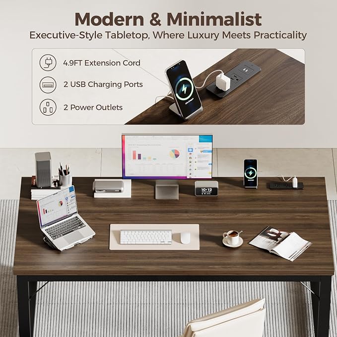Mericonia 54 Inch Computer Desk with Power Outlets, 1.2" Thick Office Table | Modern Simple Style, Heavy Duty Industrial Frame, Study & Writing Table for Home Bedroom Work, Walnut