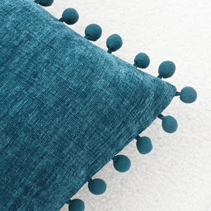CaliTime Decorative Couch Throw Pillow Covers 16 X 16 Inches Ocean Blue | Pack of 2, Cozy Chenille Cushion Cases, with Pom Poms for Sofa Bed Living Room Farmhouse Home