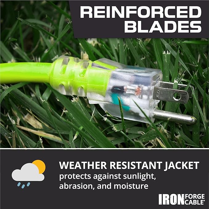 Iron Forge Cable 10 Gauge Extension Cord 25 ft, 10/3 Heavy Duty Extension Cord 25 Foot 3 Prong Lighted End, SJTW Weatherproof Light Green Outdoor Power Cable for Major Appliances - US Veteran Owned