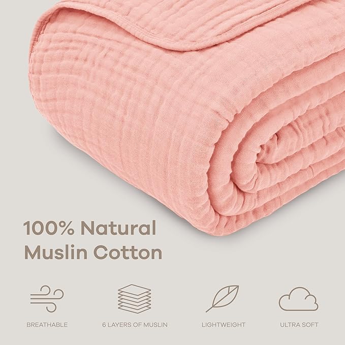Comfy Cubs Adult Muslin Blanket 50x60” Throw Swaddle Blankets, Bold Blush | 6 Layer Soft, Breathable & Lightweight Muslin Adult Blanket - Machine Washable & Designed in the US Bedding for All Seasons