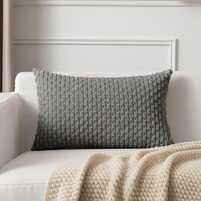 Kevin Textile Soft Corduroy 12"x24" Lumbar Pillow Cover 1 Pack, Dark Grey | Boho Stripe Plush Corduroy Decorative Oblong Cushion Cover Modern Farmhouse Home Decor for Sofa Couch Bed Chair