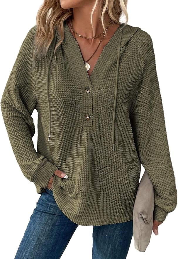 Dokotoo Hoodies for Women Waffle Knit Long Sleeve Drawstring Button V Neck Casual Sweatshirt Hooded Tops Fashion Clothing