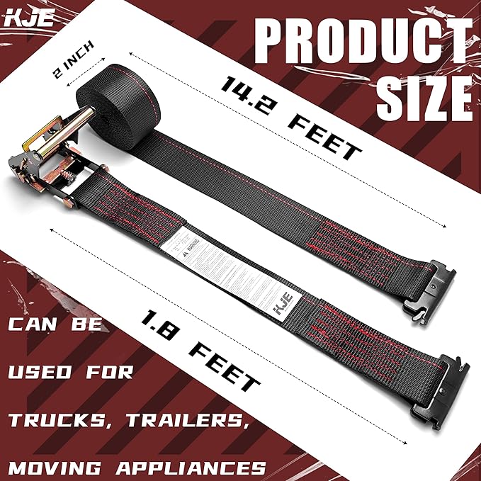 KJE E-Track Ratchet Straps, 4 Pack Black 2" x16' Heavy Duty Cargo Tie-Downs, 4500LBS Breaking Strength, Standard E Track Fitting Tie Down Ratcheting Strap for Cargo Vans, Trucks, Trailers