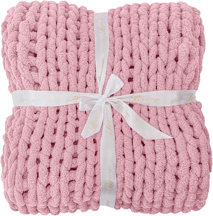 Bigacogo Chunky Knit Throw Blanket for Couch, 51x63 inches, Blush Pink | Hand Knit with Jumbo Chenille, Soft Breathable Cable Knit for Sofa Bed Living Room, Machine Washable, Gift for Mom Friend