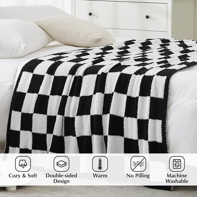 Soft Twin Size Checkered Blanket for Bed-Cozy Knitted Blankets | Lightweight Fluffy Warm Decor for Women, Mom, Her & Girls, Sofa, Chair, Couch, 60x80in,Black and White
