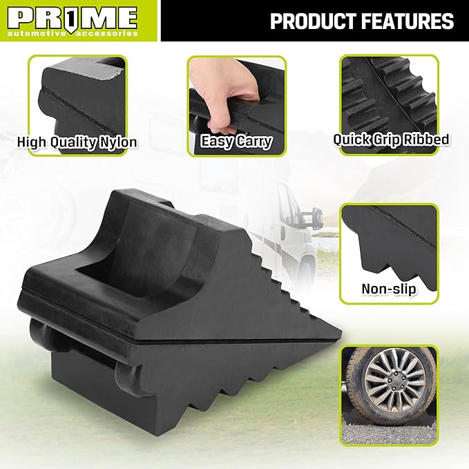 Prime 1 PR1ME Heavy Duty Rubber Wheel Chocks, Rubber Tire Blocks, RV Solid Rubber Wheel Wedge Blocks, 2 Pack Black 8.6" x 3.7" x 4.7", Carrying Handle, for Travel Trailer, Camper, RV, Truck
