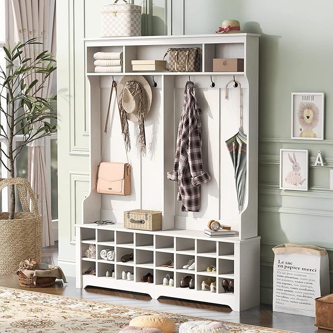 Modern Style Multiple Functions Hallway Coat Rack with Metal Black Hooks, Entryway Bench 60" Wide Hall Tree with Ample Storage Space and 24 Shoe Cubbies (White)