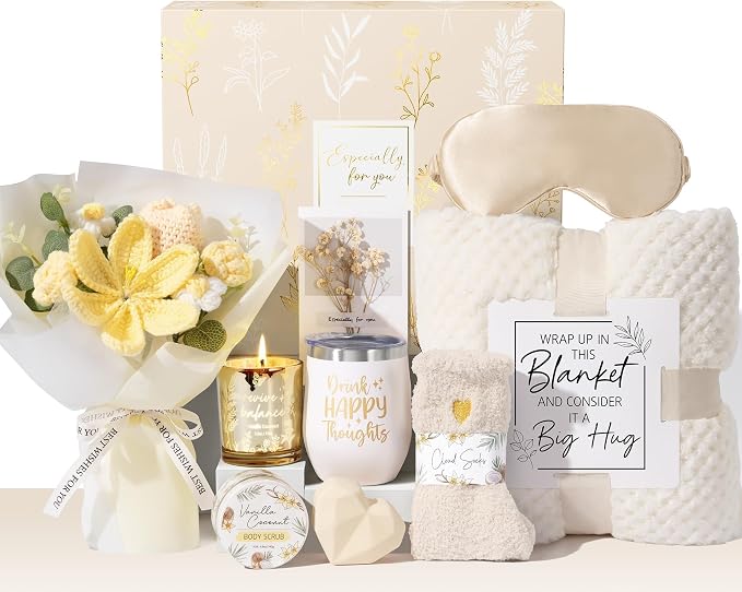 Birthday Gifts for Women, Spa Self Care Package Get Well Soon Gift Baskets | Sympathy Gift Set w/ Crochet Flower Bouquet, Christmas Thinking of You Gifts Basket for Women Mom Her Best Friend Sister Wife