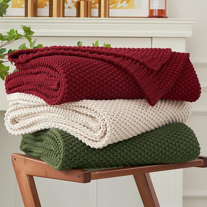 Chunky Cable Knit Throw Blanket Lightweight Wine red 100% Organic Cotton Blanket for Sofa Couch Bed Baby Nursery, Rustic Shabby Chic Modern Farmhouse, 60” x 80” Give Laundering Bag