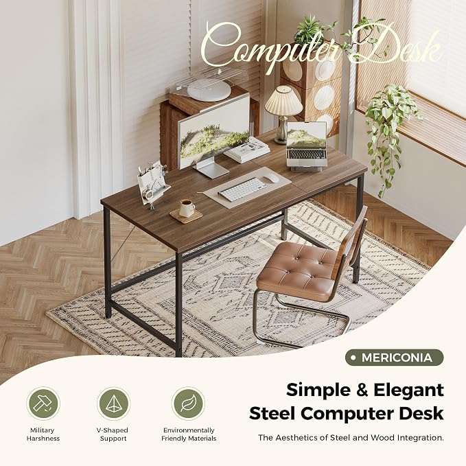 Mericonia 55x20 Inch Computer Desk, 0.6" Thick Small Office Table | Modern Simple Style, Study & Writing Table for Home Bedroom Work, Walnut