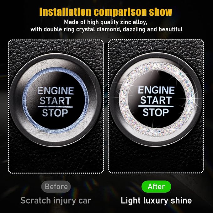 Kewucn 2 PCS Bling Crystal Double Rhinestone Car Engine Start Decoration Ring, Sparkling Push Start Button Sticker, Key Ignition & Knob Ring Decoration, Bling Car Interior Accessory(AB)