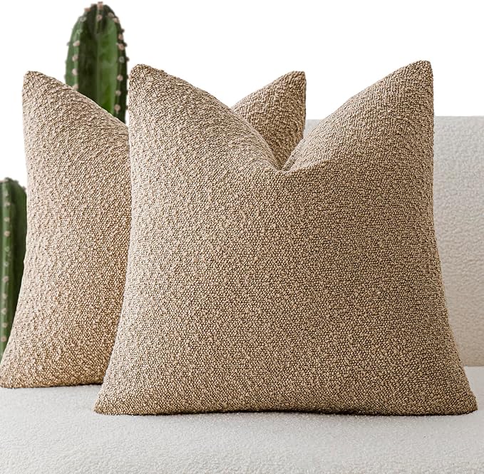Foindtower Set of 2, Decorative Textured Boucle Throw Pillow Covers Accent Solid Pillow Cases Soft Cozy Couch Cushion Case for Chair Sofa Bedroom Living Room Home Decor 26 x 26 Inch Taupe Khaki Camel