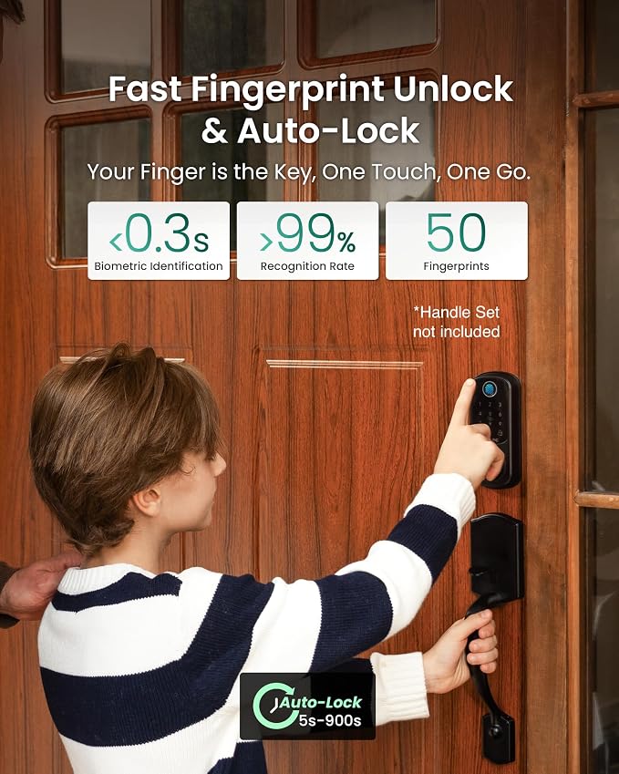 DESLOC B200 Fingerprint Smart Door Lock with App Control, Keyless Entry Deadbolt for Front Door, Auto Lock, Touchscreen Keypad, 8 Unlock Methods, USB-C Backup Power, 12-Month Battery, BHMA Grade3