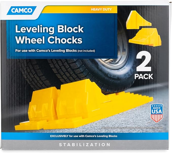Camco Camper/RV Leveling Block Wheel Chocks - Stabilize & Center Wheels Easier - Helps Eliminate Dangerous Tire Movement - Sized for Larger Vehicle Tires - 2-Pack (44401)