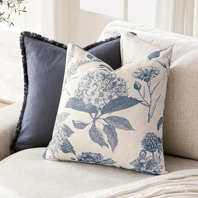 Foindtower Set of 2 Linen Floral Vintage Throw Pillow Covers Neutral Accent Print Decorative Cushion Covers Farmhouse Boho Home Decor for Sofa Chair Couch Bedroom Living Room,22×22 Inch,Blue