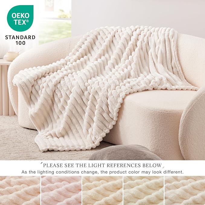EXQ Home Fleece Blanket Queen Size for Couch or Bed - 3D Stripe Jacquard Decorative Blankets - Cozy Soft Lightweight Fuzzy Flannel Blanket Suitable for All Seasons(90"×90",Beige)
