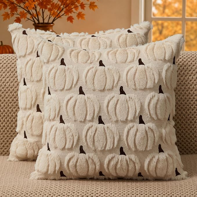 DFXSZ Fall Pillow Covers 16x16 2Pcs Beige Brown Pumpkin Fall Decorations | Fall decor Set of 2 Throw Pillow Cases Soft Plush Faux Fur Wool Couch Cushion for Chair Sofa Bedroom Living Room Home Decor
