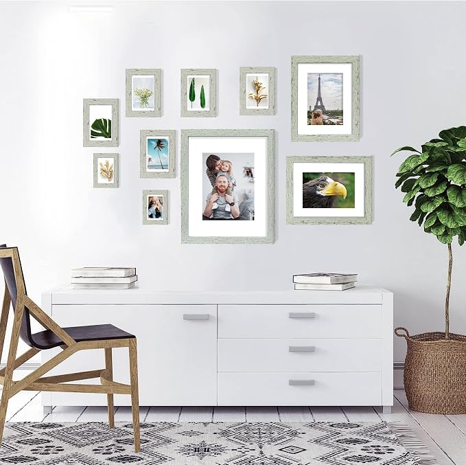 Hongkee 5x7 Picture Frame Set of 4, Made of Real Glass and Sage Green Wooden Frame, 5 by 7 Photo for Wall or Tabletop - Display Picture 4x6 with Mat or 5x7 Without Mat