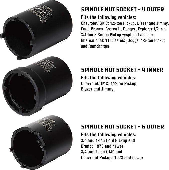 Powerbuilt Spindle Nut Socket Tool Kit, 5 Piece, Remove Spindle Nuts, Various Size Lug Out Spindle Sockets, Size Markings, Storage Case - 648636, Black
