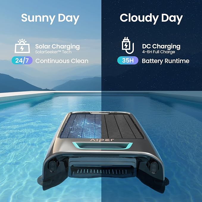 AIPER EcoSurfer S2 Solar Powered Pool Surface Skimmer Robot with APP Support, 24/7 Continuous Cleaning, Dual Charging Modes, Smart Obstacle Avoidance, 150-um Filtration, OTA Upgrade, Gray | Dual Charging Modes, Smart Obstacle Avoidance, 150-um Filtrati...