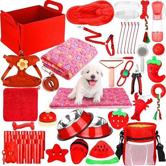 Abbylike 50 Pcs Puppy Supplies Starter Kit for Small Dogs Puppy Essentials Includes Leash, Bowls, Teeth Brushes, Water Bottle, and More Accessories for Dogs Pet Day Welcome Gift(Red)
