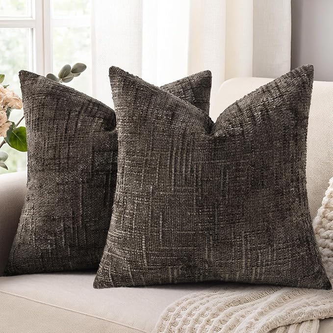 decorUhome Textured Chenille Throw Pillow Covers 16x16 Set of 2 Dark Brown | Fall Modern Farmhouse Soft Cozy Slubby Couch Pillow Cases Boho Decorative Pillow Cases for Bed Sofa Living Room Home Decor