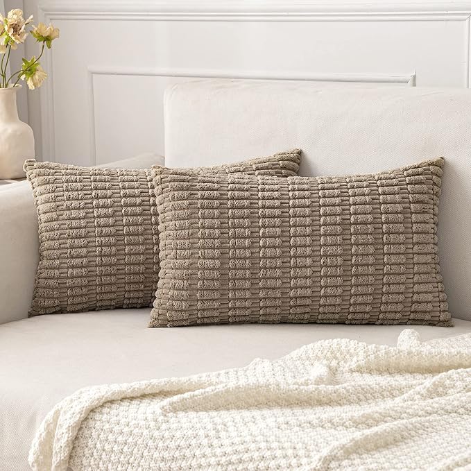 MIULEE Pack of 2 Corduroy Decorative Lumbar Throw Pillow Covers 20x12 Inch Soft Boho Striped Pillow Covers Modern Farmhouse Home Decor for Sofa Living Room Couch Bed Light Brown