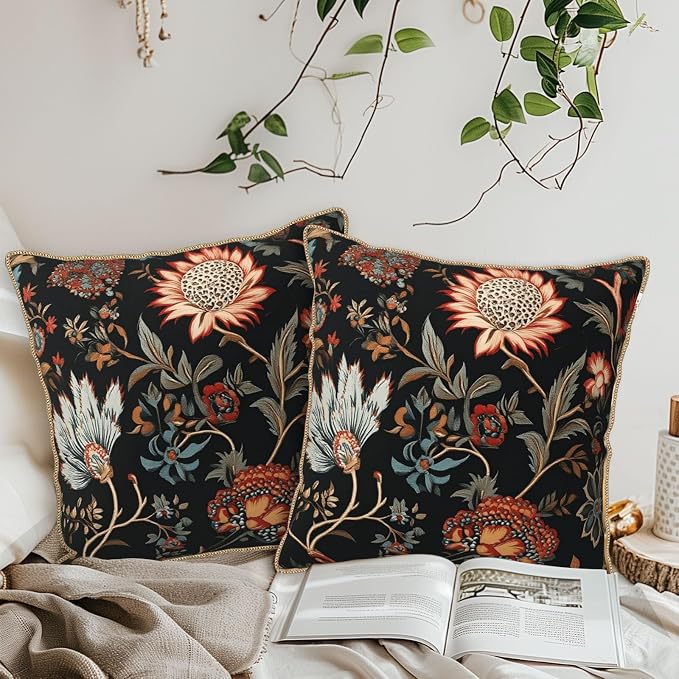 Vintage Red Orange Blue Floral Velvet Pillow Covers 16x16 Inch Retro Abstract Boho Flowers Throw Pillows For Couch Cushion Covers Pillowcase Bohemian Farmhouse Pillow Cases for Sofa Bed Bedroom