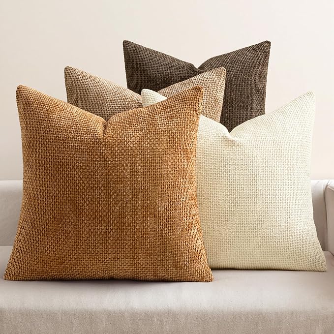 MIULEE Pack of 4 Brown Couch Throw Pillow Covers 18x18 Inch Soft Decorative Chenille Pillows Farmhouse Accent Cushions for Boho Fall Home Decor Sofa Bedroom Living Room