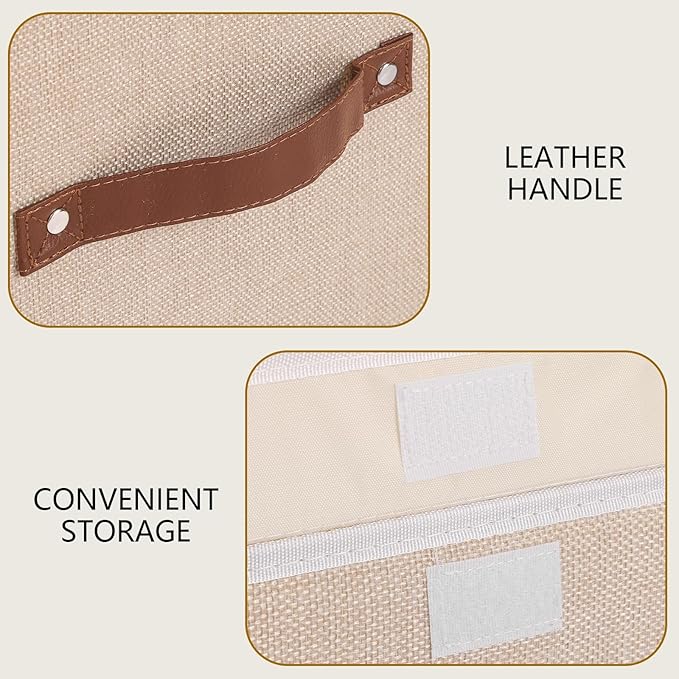 Yawinhe Collapsible Storage Boxes, Linen Fabric Baskets, Bin with lid and Leather Handle, Washable, for Home, Closet, Beige, 15.0''Lx9.8''Wx9.8''H, 3-Pack, USNK024BEL-3
