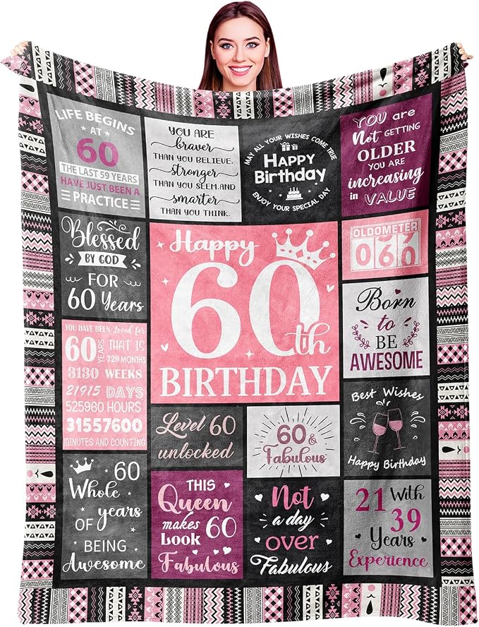 Ivivis 60th Birthday Gifts for Women Throw Blanket 60”X50”, Happy 60th Birthday Decorations Gift Ideas for 60 Year Old Woman, 1966 Bday Gifts for Mom Grandma