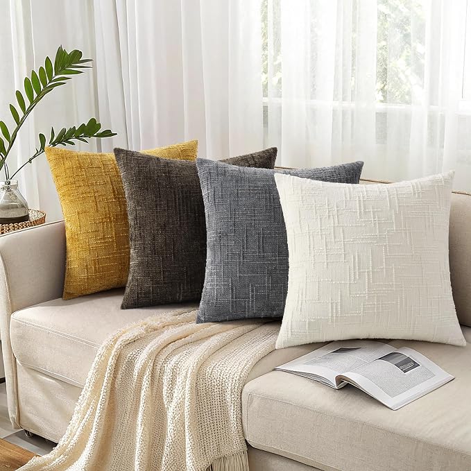 decorUhome Textured Chenille Throw Pillow Covers 26x26 Set of 2 Yellow | Fall Modern Farmhouse Soft Cozy Slubby Couch Pillow Cases Boho Decorative Pillow Cases for Bed Sofa Living Room Home Decor