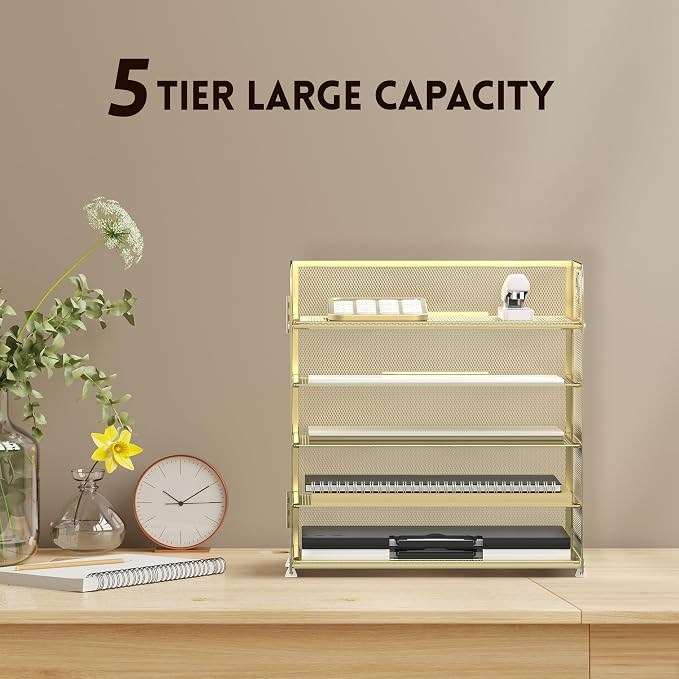 Supeasy 5 Trays Paper Organizer Letter Tray with Handle-Mesh Desk File Organizer, Paper Sorter Desk Organizer for Office, Home or School (Golden)