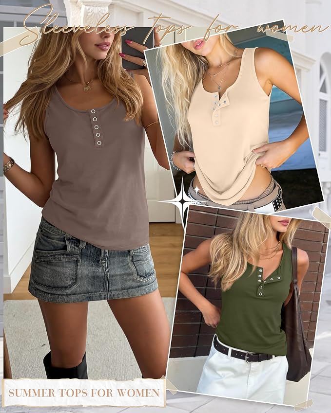 Ficerd 3 Pack Women's Henley Tank Tops Sleeveless Button Down Summer Shirts 2026 Casual Trendy Loose U Neck Tee Blouses