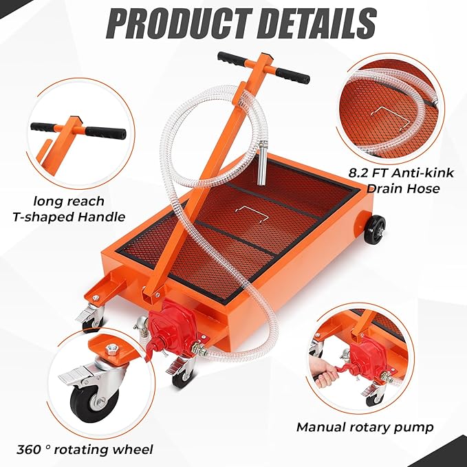 20 Gallon Oil Drain Pan, Low Profile Oil Drain Pan with Manual Pump, Oil Change Pan with 8.2 Ft Hose & Folding Handle, Rolling Oil Drain Tank for Truck, RVs, Buses